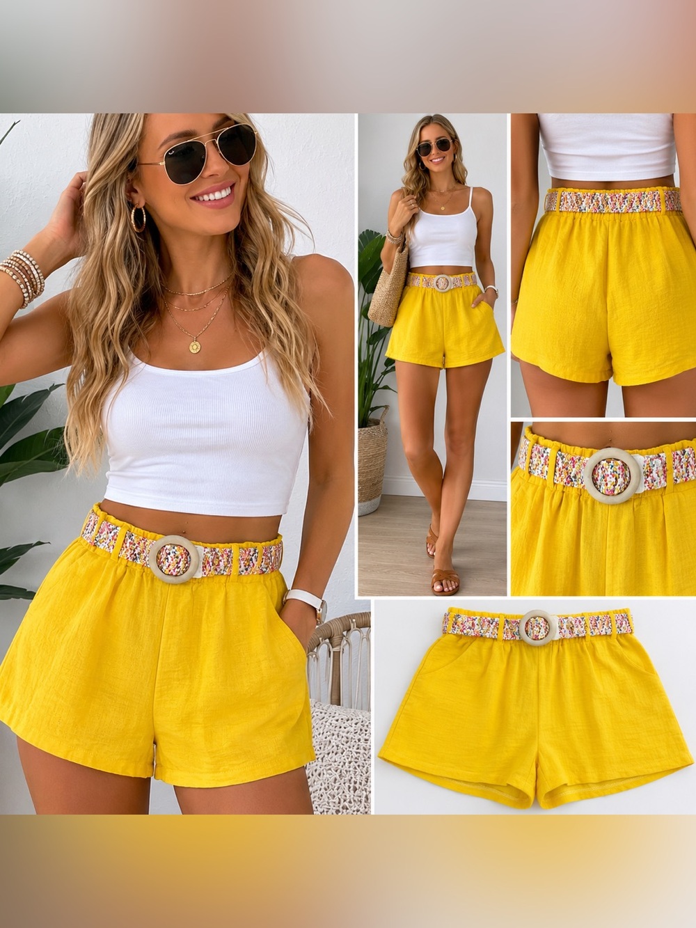 Messini Womens Yellow Paperbag Waist Shorts Size S Belted Boho Summer Pull On